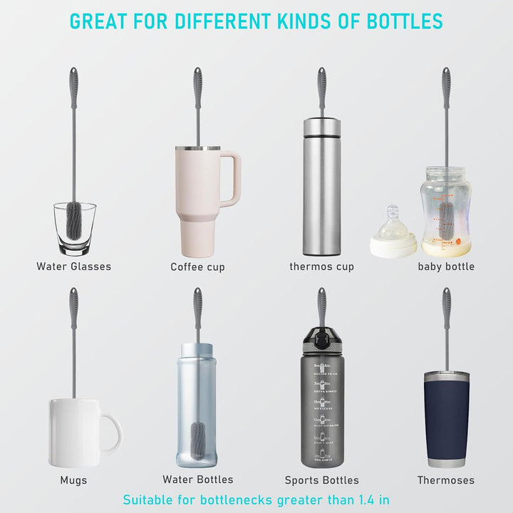 Silicone Bottle Brush, Water Bottle Cleaner Brush for Stanley, Hydroflasks, Glass, Thermos Sports Bottle, Vase and Glassware, Bottle Brush Cleaner for Small Narrow Neck Containers (2 Pack Grey+White)-1