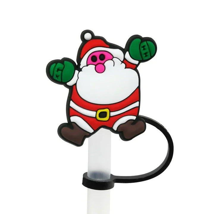 Christmas Straw Cover Cap Reusable Silicone Straw Topper Dustproof Straw Decor Drinking Dust Cap for Stanley Cup Accessory