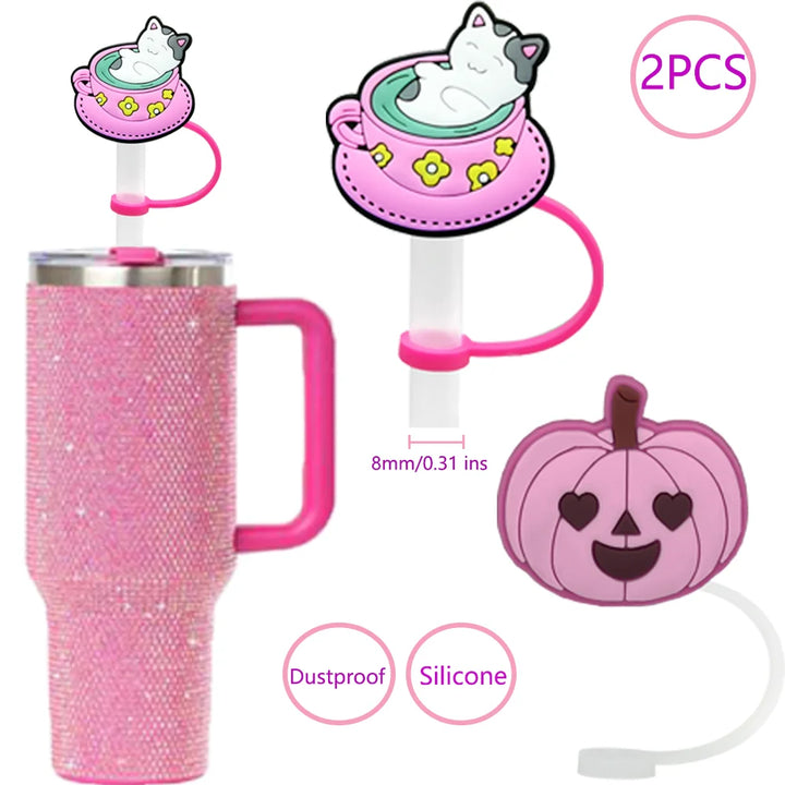 2PCS Straw Cover Cap Pink Hello,8mm Silicone Straw Topper Lovely for Tumbler Cup Accessories, Reusable Dustproof Straw Plug