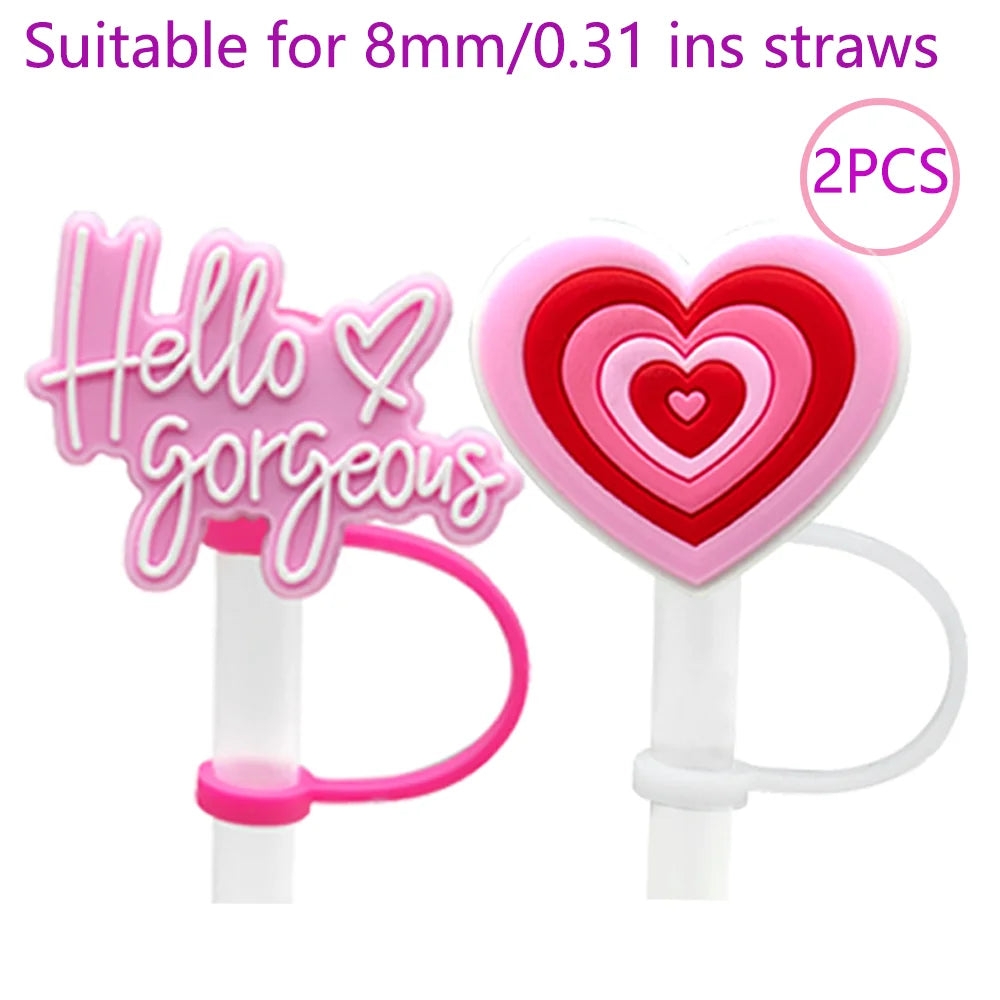 2PCS Straw Cover Cap Pink Hello,8mm Silicone Straw Topper Lovely for Tumbler Cup Accessories, Reusable Dustproof Straw Plug