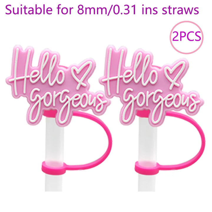 2PCS Straw Cover Cap Pink Hello,8mm Silicone Straw Topper Lovely for Tumbler Cup Accessories, Reusable Dustproof Straw Plug