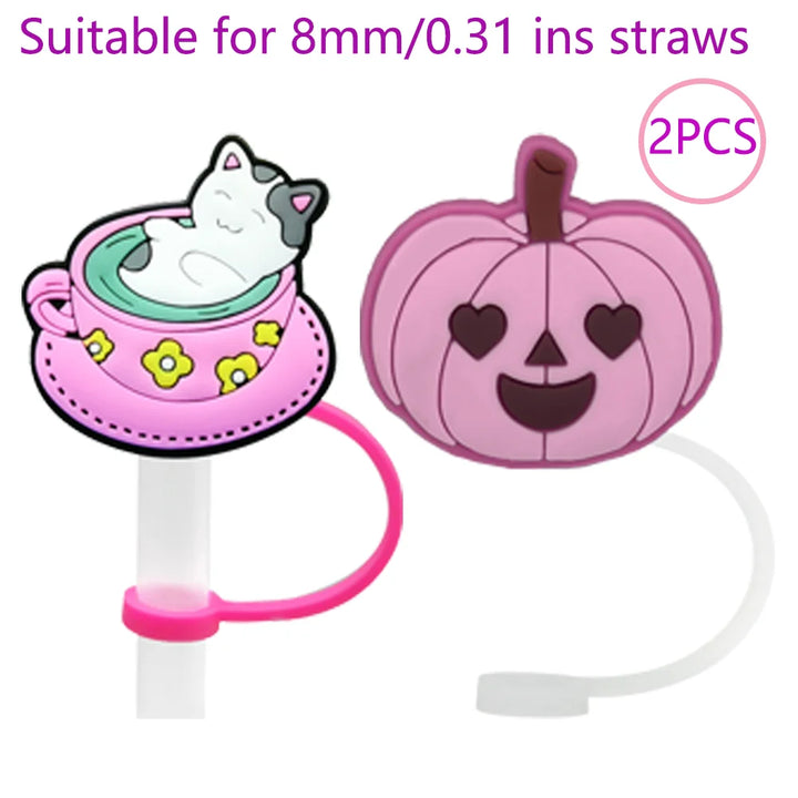 2PCS Straw Cover Cap Pink Hello,8mm Silicone Straw Topper Lovely for Tumbler Cup Accessories, Reusable Dustproof Straw Plug