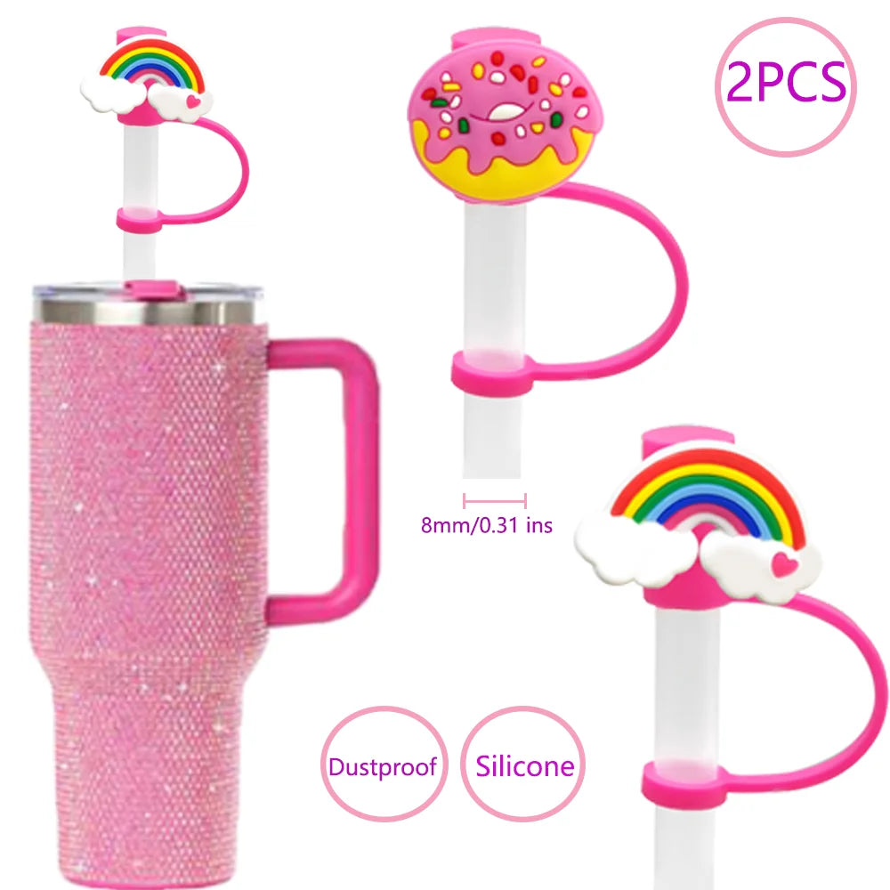 2PCS Straw Cover Cap Pink Hello,8mm Silicone Straw Topper Lovely for Tumbler Cup Accessories, Reusable Dustproof Straw Plug