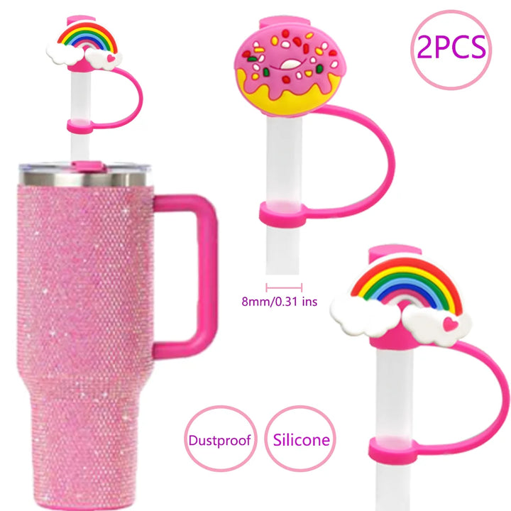 2PCS Straw Cover Cap Pink Hello,8mm Silicone Straw Topper Lovely for Tumbler Cup Accessories, Reusable Dustproof Straw Plug