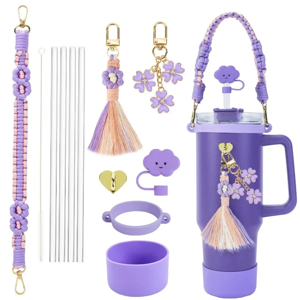 Water Bottle & Cup Accessories for Stanley Cup Accessory Set Hand-made Straw Cap Case Charm Chain Pendant Cup Cover Party Gift