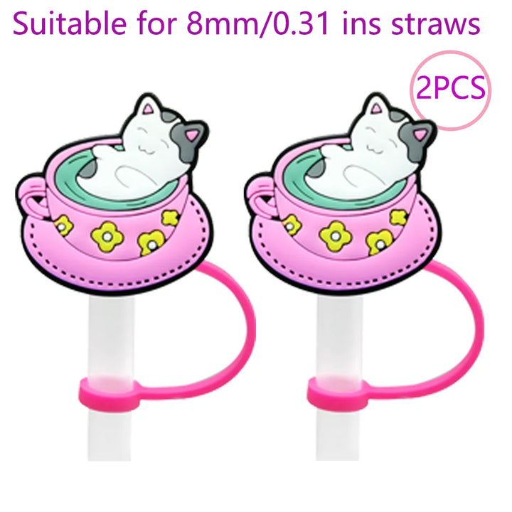 2PCS Straw Cover Cap Pink Hello,8mm Silicone Straw Topper Lovely for Tumbler Cup Accessories, Reusable Dustproof Straw Plug