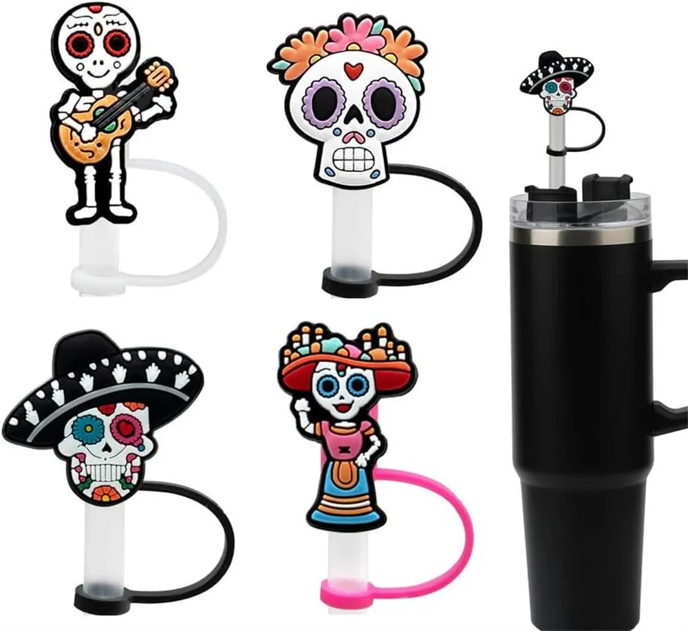 Halloween Straw Cover Cap for Stanley Tumbler 8mm Skull Silicone Straw Topper Dust-Proof Reusable Straw Tips Cup Accessories