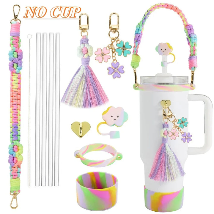 Water Bottle & Cup Accessories for Stanley Cup Accessory Set Hand-made Straw Cap Case Charm Chain Pendant Cup Cover Party Gift