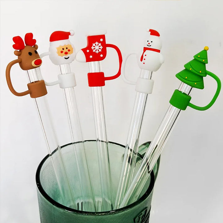 Christmas Straw Cover Cap Reusable Silicone Straw Topper Dustproof Straw Decor Drinking Dust Cap for Stanley Cup Accessory