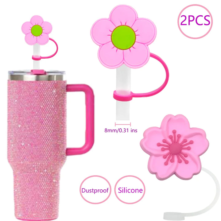 2PCS Straw Cover Cap Pink Hello,8mm Silicone Straw Topper Lovely for Tumbler Cup Accessories, Reusable Dustproof Straw Plug