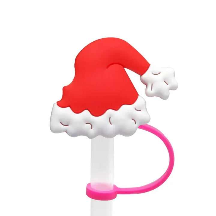 Christmas Straw Cover Cap Reusable Silicone Straw Topper Dustproof Straw Decor Drinking Dust Cap for Stanley Cup Accessory