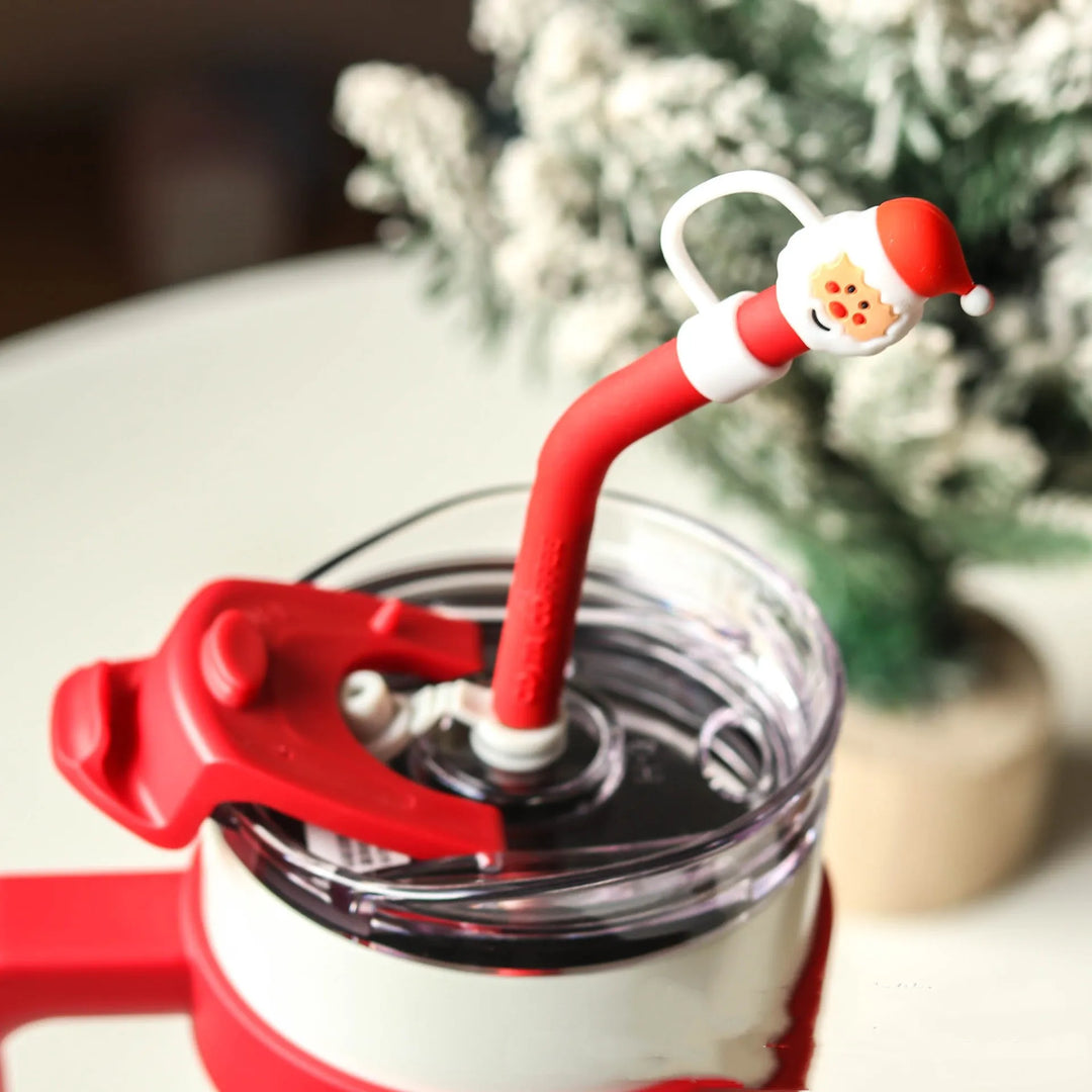 Christmas Straw Cover Cap Reusable Silicone Straw Topper Dustproof Straw Decor Drinking Dust Cap for Stanley Cup Accessory