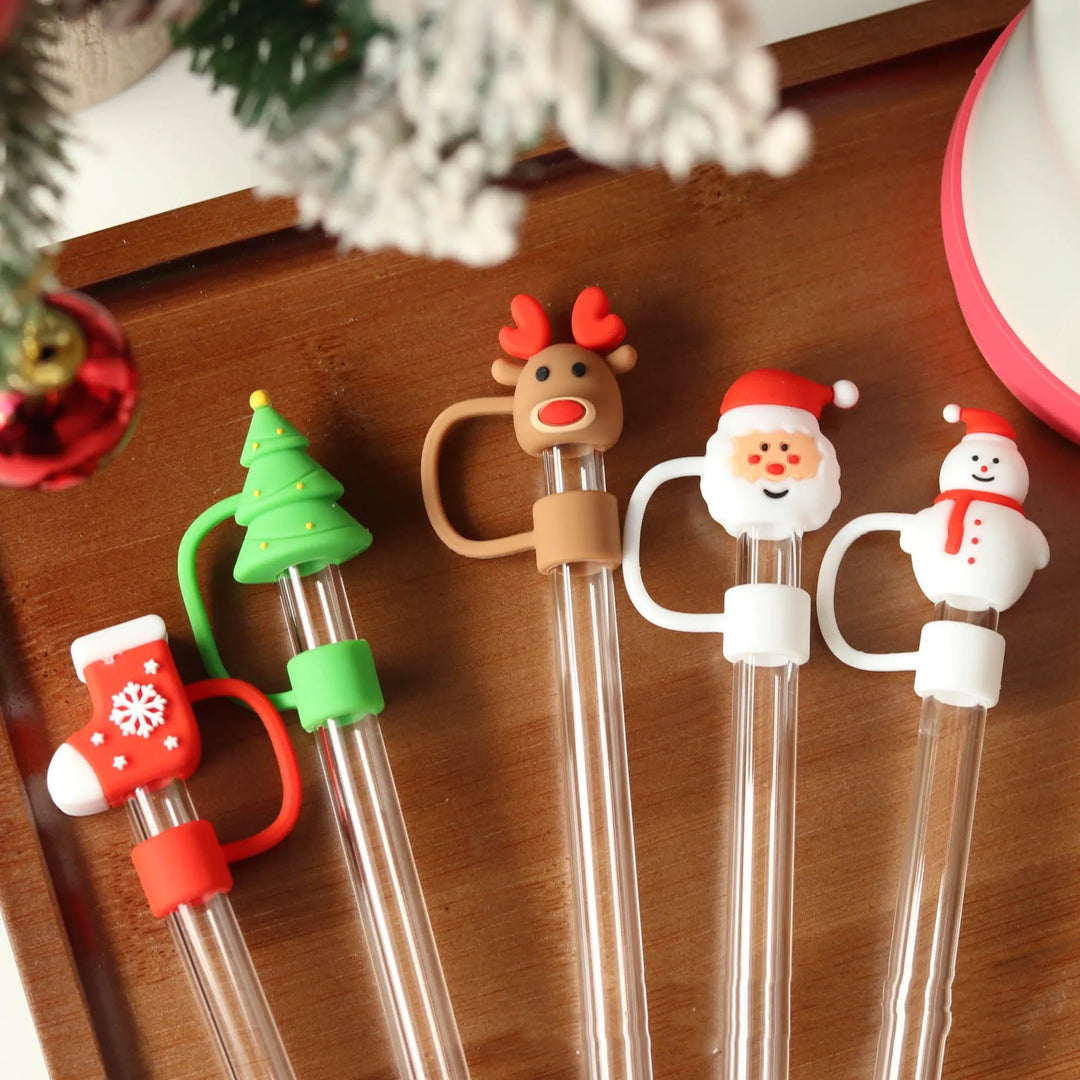Christmas Straw Cover Cap Reusable Silicone Straw Topper Dustproof Straw Decor Drinking Dust Cap for Stanley Cup Accessory