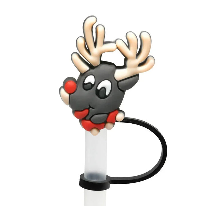 Christmas Straw Cover Cap Reusable Silicone Straw Topper Dustproof Straw Decor Drinking Dust Cap for Stanley Cup Accessory