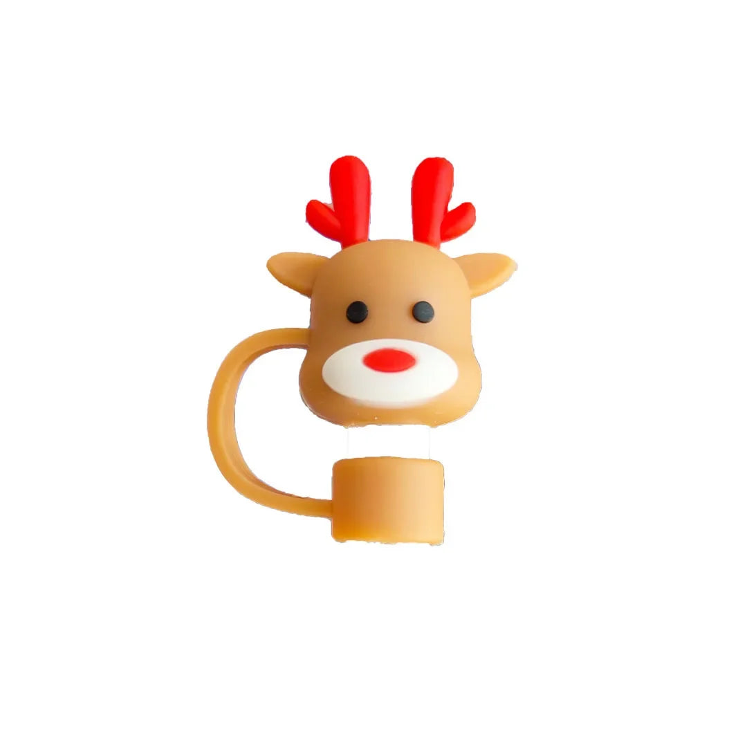 Christmas Straw Cover Cap Reusable Silicone Straw Topper Dustproof Straw Decor Drinking Dust Cap for Stanley Cup Accessory