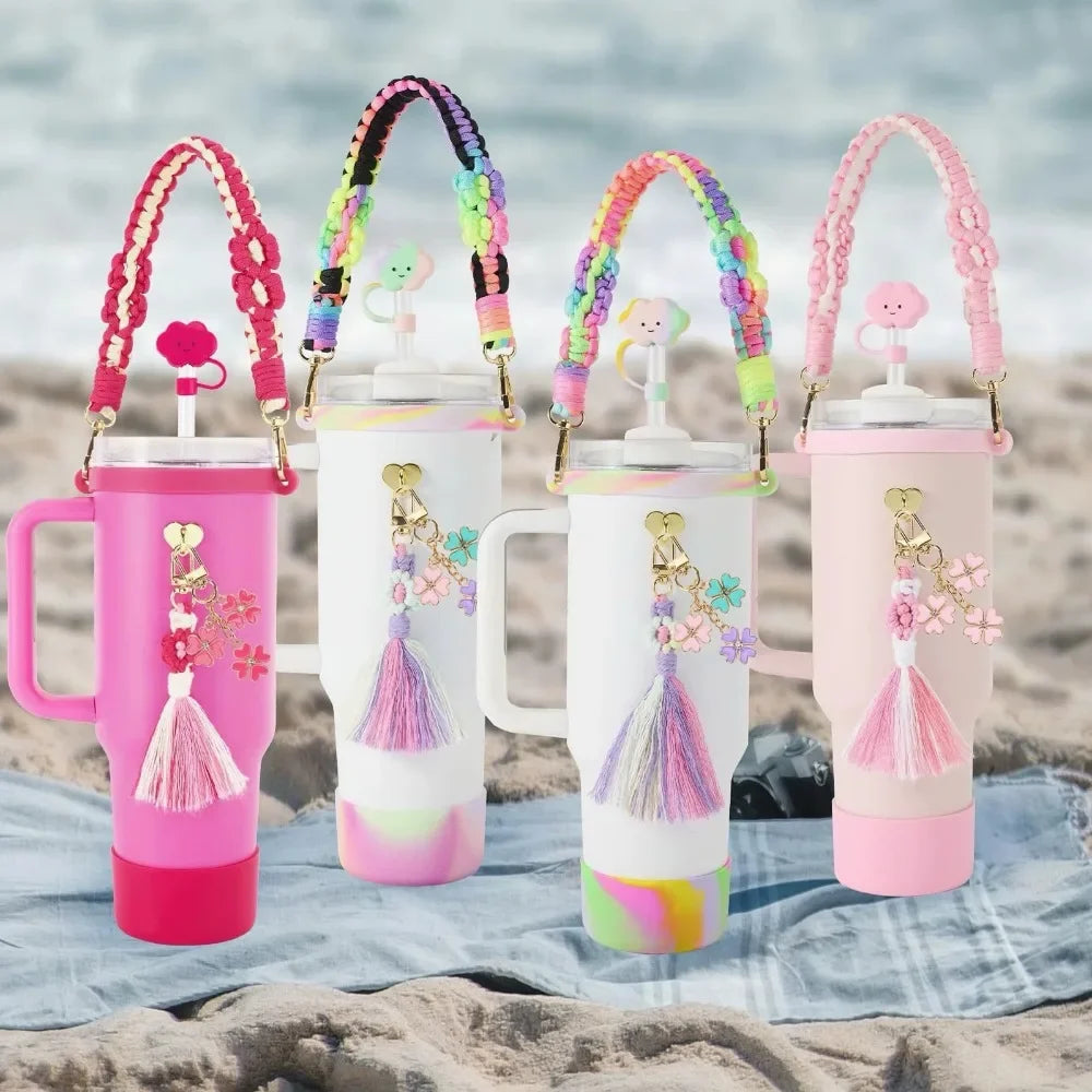 Water Bottle & Cup Accessories for Stanley Cup Accessory Set Hand-made Straw Cap Case Charm Chain Pendant Cup Cover Party Gift