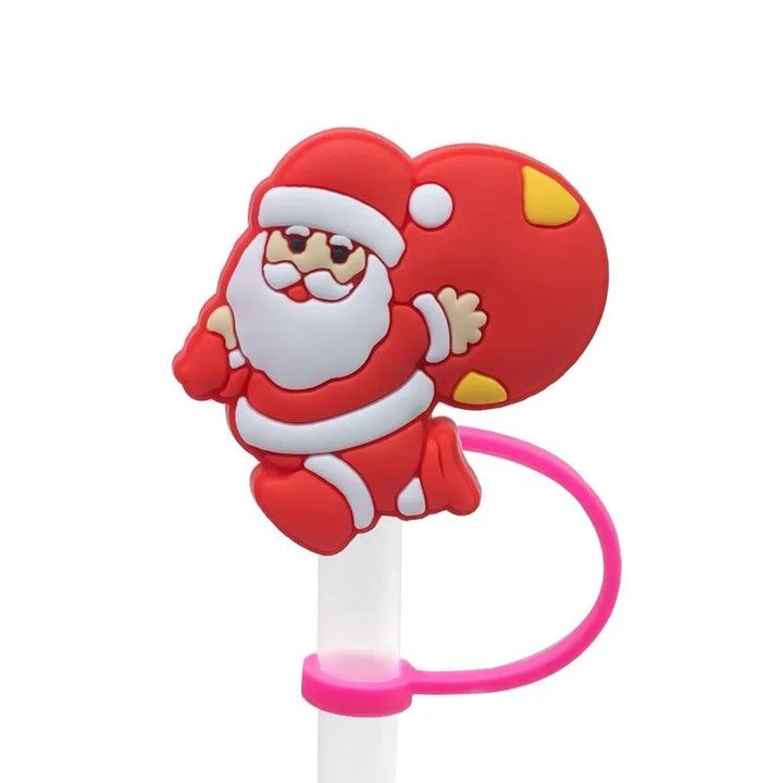 Christmas Straw Cover Cap Reusable Silicone Straw Topper Dustproof Straw Decor Drinking Dust Cap for Stanley Cup Accessory