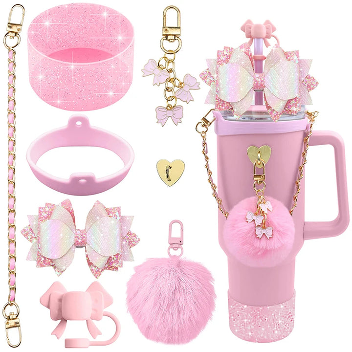 Bling Stanley Cup Accessories For 40oz & 30oz Tumbler Including Silicone Cute Bow Straw Topper Cover, Silicone Stanley Cup Boot