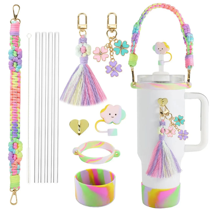 Water Bottle & Cup Accessories for Stanley Cup Accessory Set Hand-made Straw Cap Case Charm Chain Pendant Cup Cover Party Gift