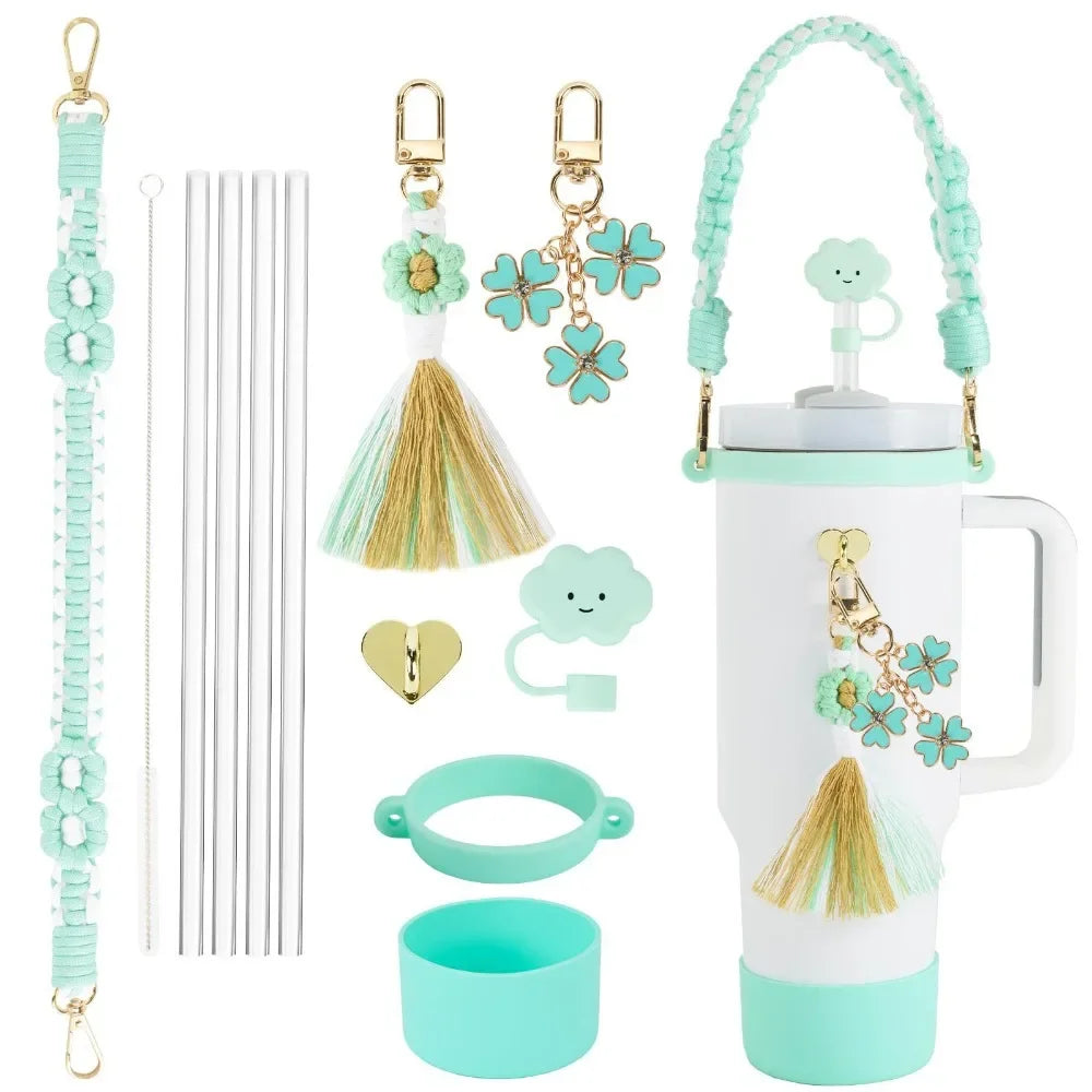 Water Bottle & Cup Accessories for Stanley Cup Accessory Set Hand-made Straw Cap Case Charm Chain Pendant Cup Cover Party Gift