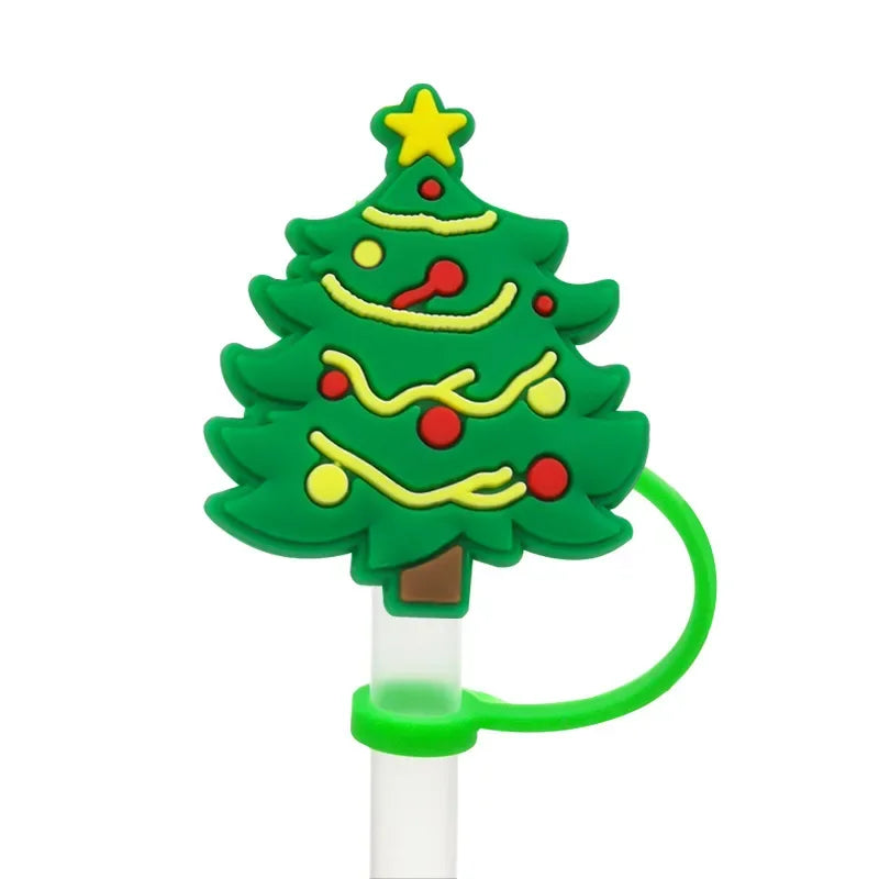 Christmas Straw Cover Cap Reusable Silicone Straw Topper Dustproof Straw Decor Drinking Dust Cap for Stanley Cup Accessory