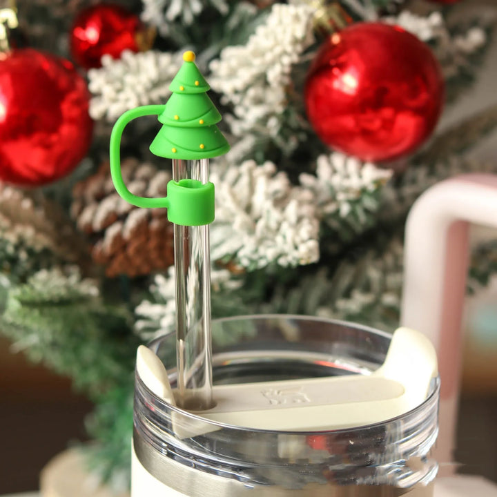 Christmas Straw Cover Cap Reusable Silicone Straw Topper Dustproof Straw Decor Drinking Dust Cap for Stanley Cup Accessory
