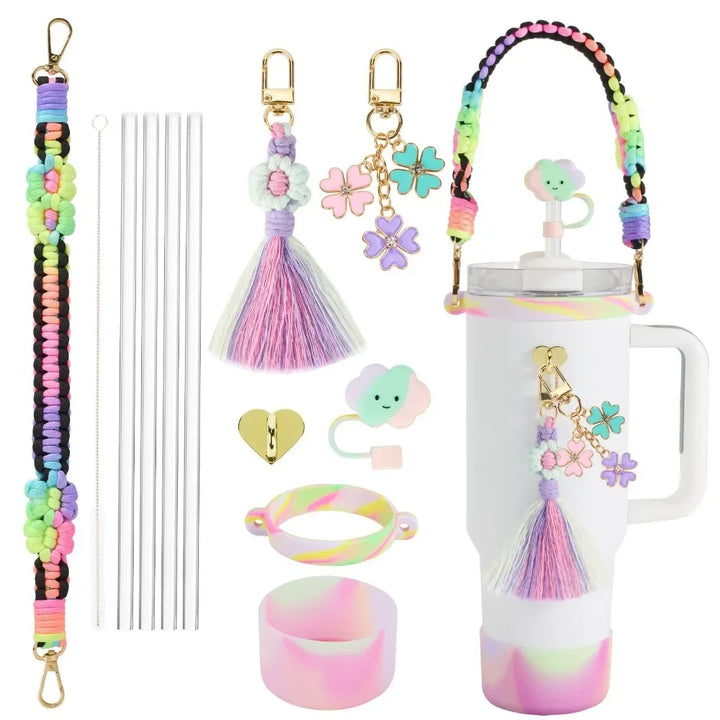 Water Bottle & Cup Accessories for Stanley Cup Accessory Set Hand-made Straw Cap Case Charm Chain Pendant Cup Cover Party Gift