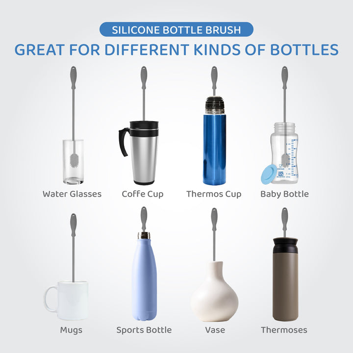 Silicone Bottle Brush, Water Bottle Cleaner Brush for Stanley, Hydroflasks, Glass, Thermos Sports Bottle, Vase and Glassware, Bottle Brush Cleaner for Small Narrow Neck Containers (2 Pack Grey+White)-2